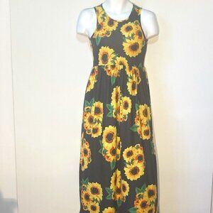 Perfashion Sunflower print maxi dress yellow on black stretch fabric